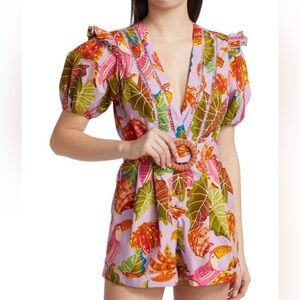 NWT Farm Rio Beaks & Bananas Ruffle Belted Romper Lilac l MSRP $220